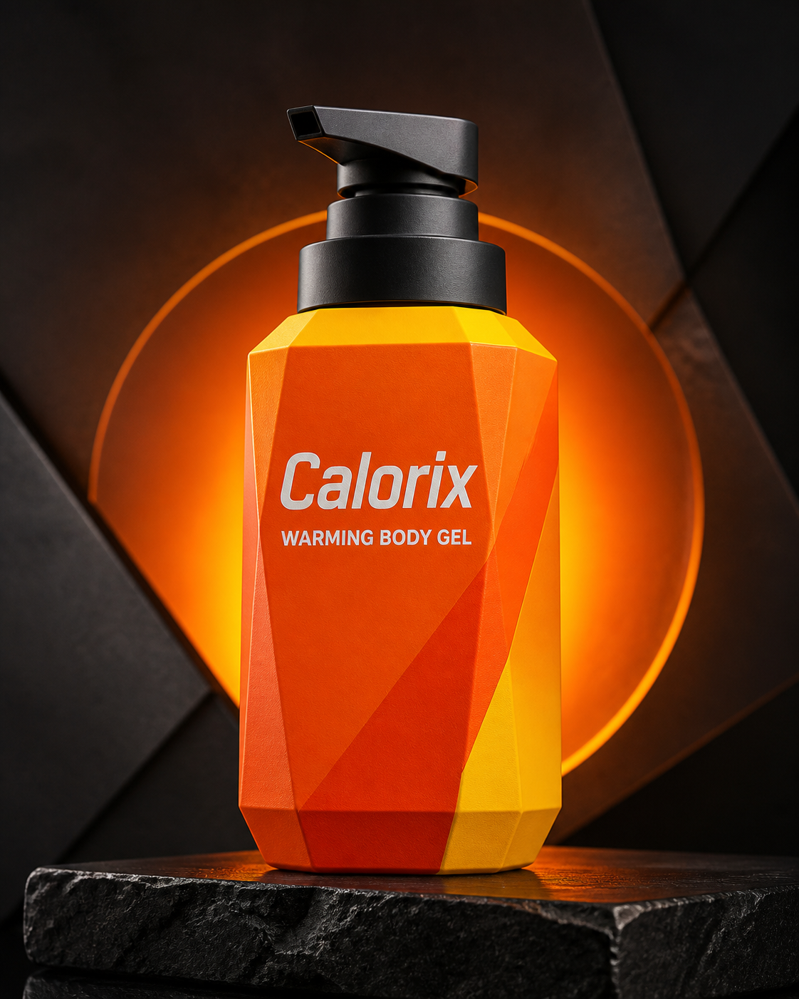 Calorix Pumpflasche mit 300 ml wärmendem Körpergel in Orange und Gelb vor dunklem Hintergrund